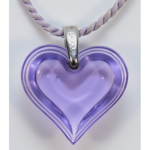 143 - Lalique, a purple glass heart pendant with a 925 silver bail, purple cord, 35mm, 20g