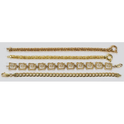 147 - Four 925 silver gilt bracelets, to include a Greek Key pattern example, 19-20cm, 55g