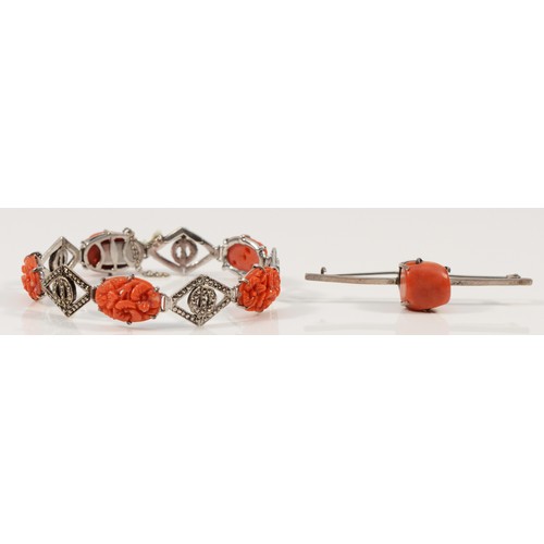 158 - A sterling silver, coral and marcasite bracelet, with a sterling silver and coral brooch, 55mm, 20g