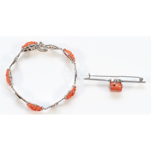 158 - A sterling silver, coral and marcasite bracelet, with a sterling silver and coral brooch, 55mm, 20g