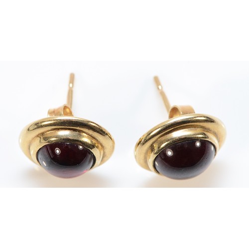 174 - A 9ct gold and cabochon garnet ear studs, diameter 11mm, 3.6gm