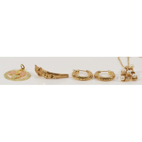 182 - A pair of 9ct gold hoop earrings, a 10k gold pendant, a 9ct gold chain and part of a 9ct gold ring, ... 