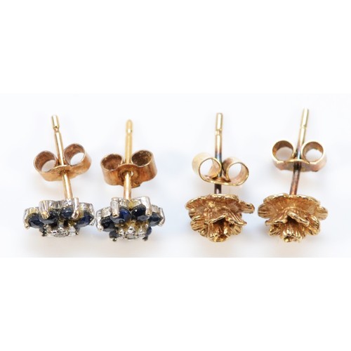 188 - A pair of 9ct white gold sapphire and diamond floral earrings, together with a 9ct gold pair of rose... 