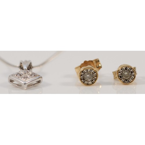 190 - A pair of 9ct gold diamond earrings with scroll backs, together with a 9ct white gold diamond pendan... 