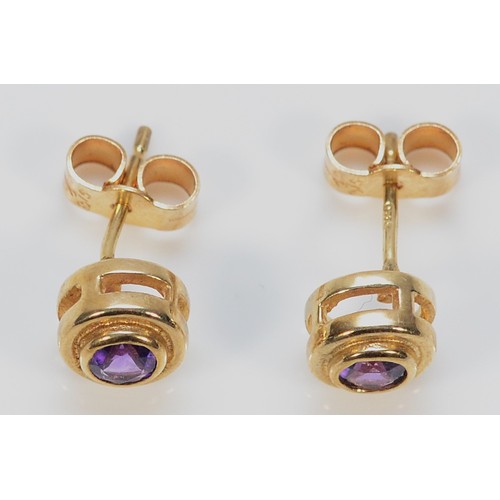 194 - A pair of 9ct gold amethyst bevel set earrings with scroll backs, 1.6g