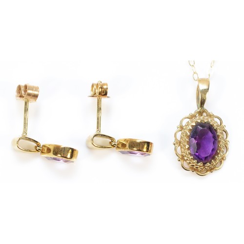 198 - A pair of 9ct gold amethyst drop earrings, with a 9ct gold amethyst pendant, on a chain, 2.5g