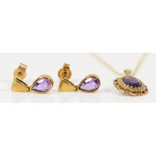 198 - A pair of 9ct gold amethyst drop earrings, with a 9ct gold amethyst pendant, on a chain, 2.5g