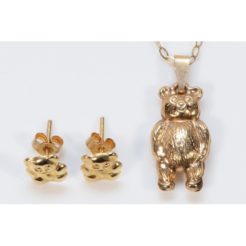 199 - A pair of 9ct gold earrings in the shape of a teddy bear, together with a 9ct gold teddy bear pendan... 