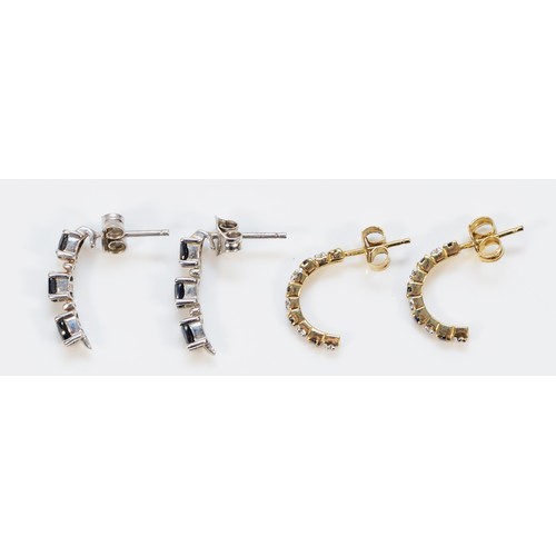 201 - A pair of 9ct white gold sapphire drop earrings, 15mm, together with a pair of 9ct gold sapphire and... 