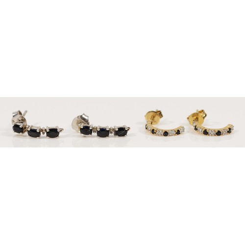 201 - A pair of 9ct white gold sapphire drop earrings, 15mm, together with a pair of 9ct gold sapphire and... 