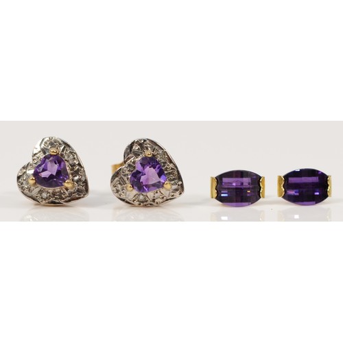 205 - A pair of 9ct gold amethyst and diamond heart shaped earrings, together with a pair of 9ct gold amet... 