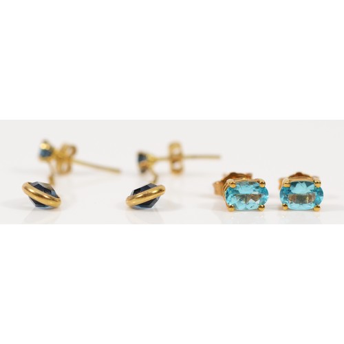 208 - Two pairs of 9ct gold blue gemstone earrings with scroll backs, 1.7g