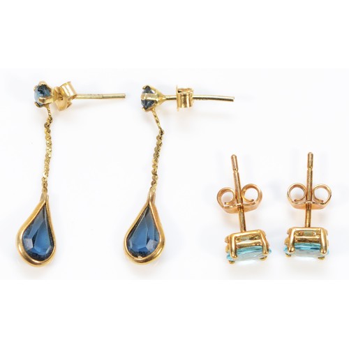 208 - Two pairs of 9ct gold blue gemstone earrings with scroll backs, 1.7g