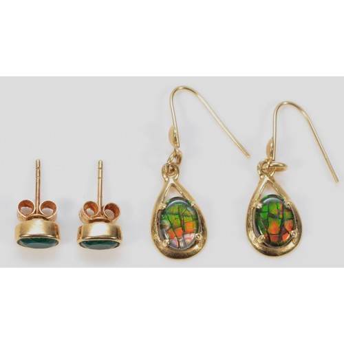 210 - A pair of 9ct gold ammolite drop earrings with hooks, together with a pair of 9ct gold emerald earri... 