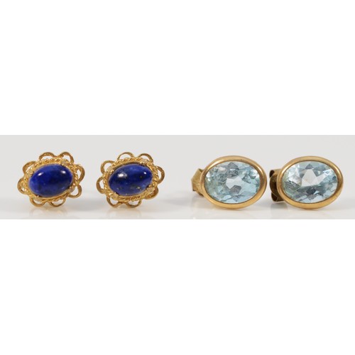 211 - A pair of 9ct gold lapis lazuli earrings with scroll backs, together with a pair of 9ct gold blue ge... 