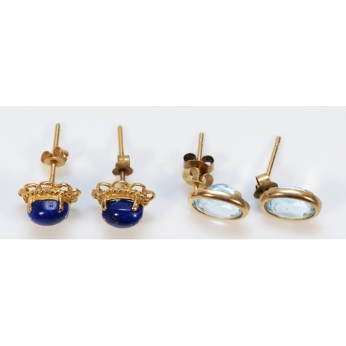 211 - A pair of 9ct gold lapis lazuli earrings with scroll backs, together with a pair of 9ct gold blue ge... 