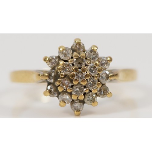 217 - A 9ct gold diamond cluster ring, M, 10mm ring front, 2.8g