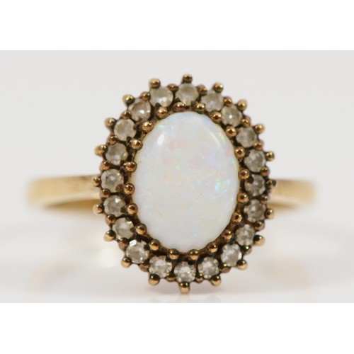 220 - A 9ct gold opal and diamond cluster ring, N, 3.1g