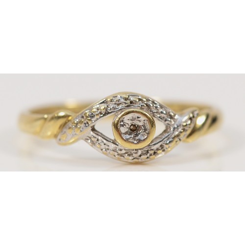 223 - A 9ct gold diamond ring with cross over twist detail to the shoulders, N, 1.5g