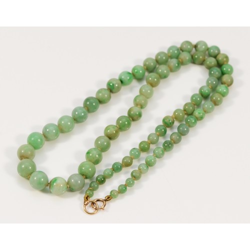 229 - A 9ct gold clasp jadite beaded necklace, graduating bead sizes, largest 9mm, 37.8g