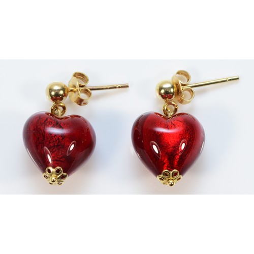 239 - A pair of 9ct gold red glass heart shaped drop earrings, 15mm, 5.7g