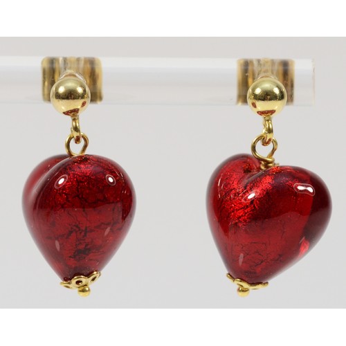 239 - A pair of 9ct gold red glass heart shaped drop earrings, 15mm, 5.7g