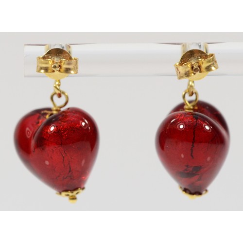 239 - A pair of 9ct gold red glass heart shaped drop earrings, 15mm, 5.7g