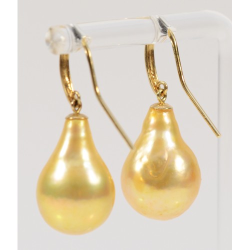 243 - A pair of 14k gold baroque pearl earrings, 20mm drop, 9.7g