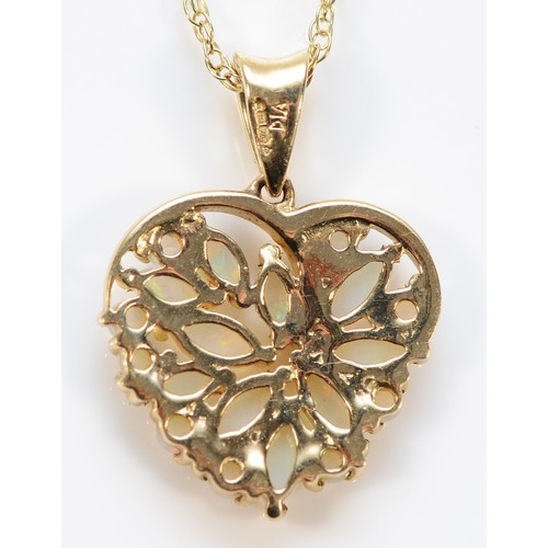 246 - A 9ct gold opal and diamond heart shaped pendant, with a chain, 15mm across, 3g