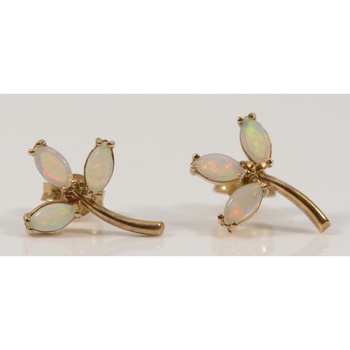 249 - A pair of 9ct gold opal floral earrings with scroll backs, 15mm, 2.5g