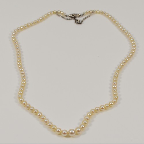 252 - A 9ct white gold and diamond clasp cultured pearl necklace, graduating pearl size, largest 6mm, 13.7... 