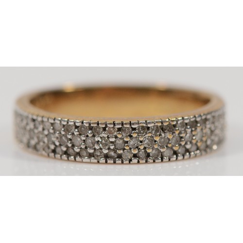 264 - A 9ct gold pave set diamond three row ring, I, 2.4g