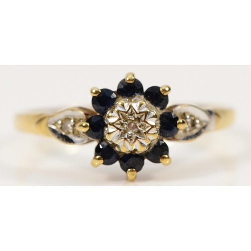 276 - A 9ct gold sapphire and diamond floral cluster ring, O, 1.9g