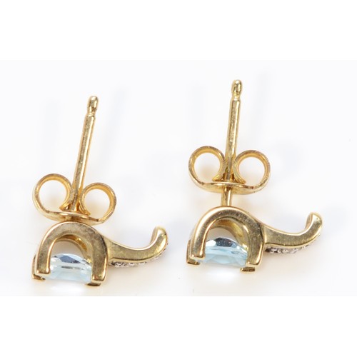 279 - A pair of 9ct gold diamond and blue gemstone earrings with scroll backs, 1.5g