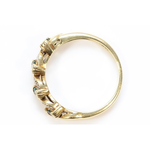 299 - A 9ct gold emerald and diamond half eternity ring, L 1/2, 2.1g