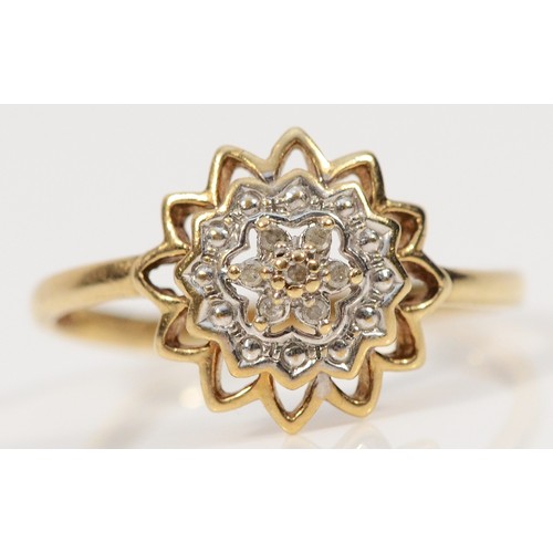 305 - A 9ct gold single cut diamond floral design ring, O 1/2, 1.6g