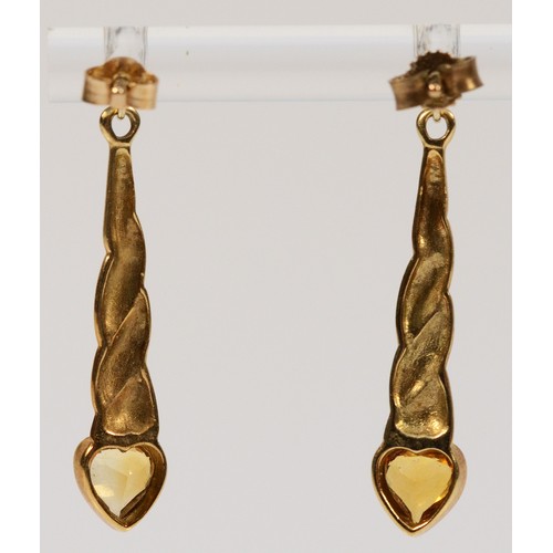 308 - A pair of 9ct gold citrine drop earrings, 30mm, 1.9g