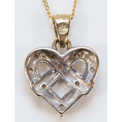 313 - A 9ct gold single cut diamond pendant in the shape of a heart, with a 9ct gold chain, 12mm, 1.9g