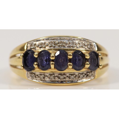 316 - A 9ct gold diamond and blue gemstone three row ring, M, 2.3g