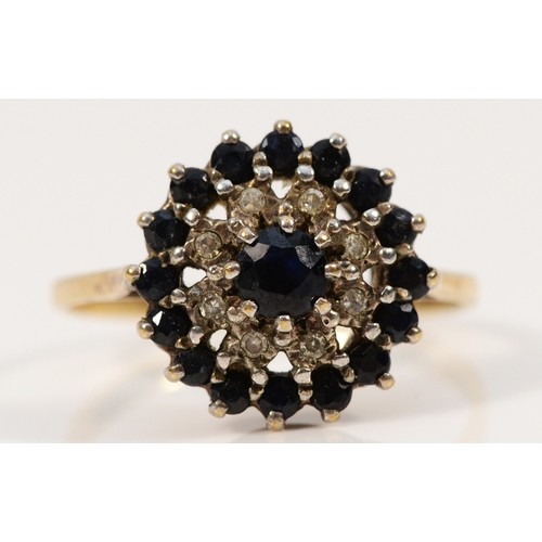 317 - A 9ct gold single cut diamond and sapphire cluster ring, M 1/2, 2.2g