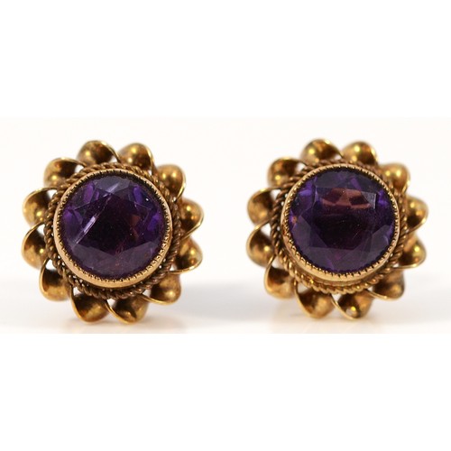 318 - A pair of 9ct gold amethyst earrings with scroll backs, 10mm, 2.1g