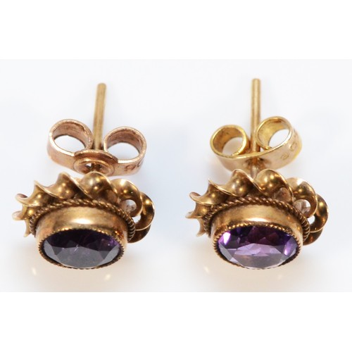 318 - A pair of 9ct gold amethyst earrings with scroll backs, 10mm, 2.1g