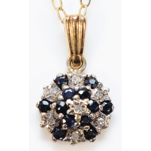 319 - A 9ct gold sapphire and single cut diamond cluster pendant, with a chain, 10mm, 1.5g