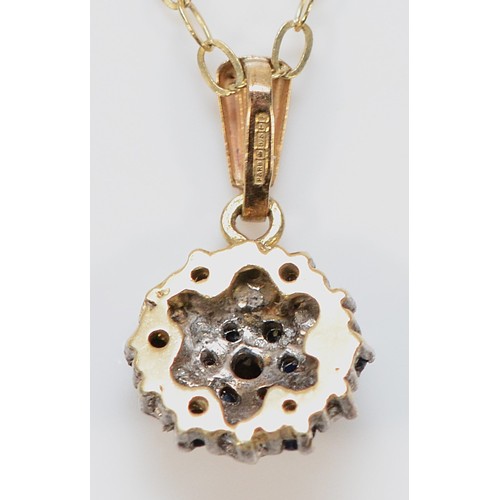 319 - A 9ct gold sapphire and single cut diamond cluster pendant, with a chain, 10mm, 1.5g