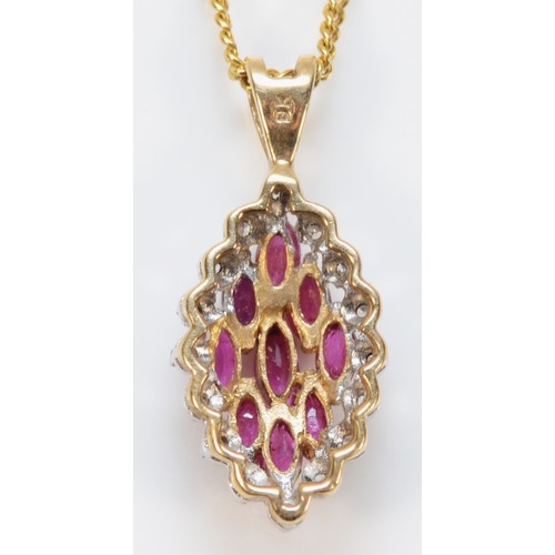 320 - A 9ct gold ruby and diamond cluster pendant, with a chain, 15mm, 3.3g