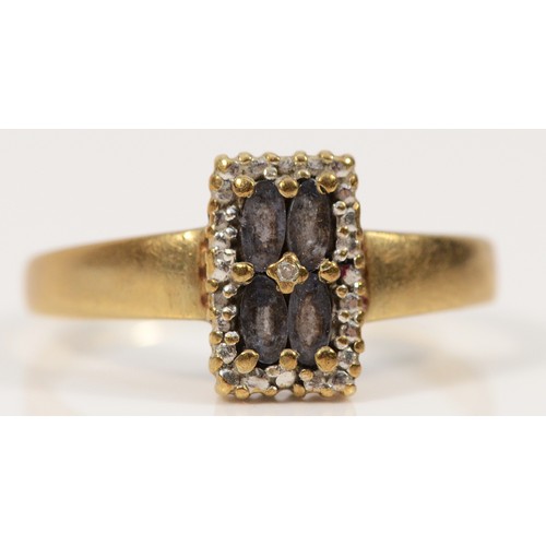 334 - A 9ct gold diamond and blue gemstone dress ring, S 1/2, 3.2g