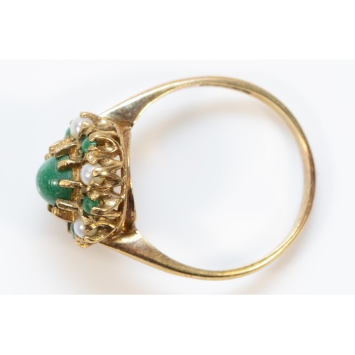 339 - A 9ct gold turquoise and seed pearl cluster ring, N, 2.8g