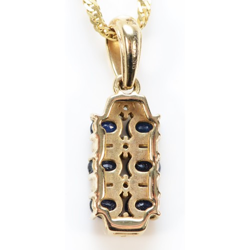 347 - A 9ct gold sapphire and blue gemstone pendant with a chain, 15mm, 3.7g