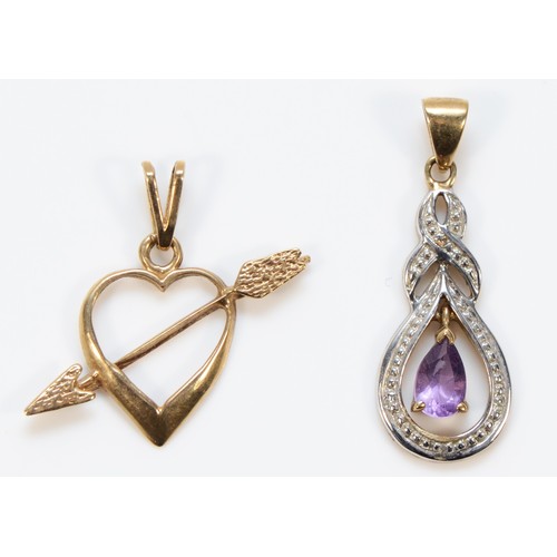 348 - A 9ct gold amethyst and diamond drop pendant, 20mm, with a 9ct gold arrow and heart pendant, 23mm, 1... 