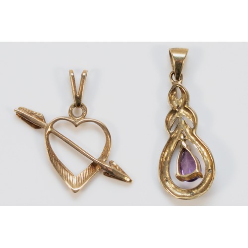 348 - A 9ct gold amethyst and diamond drop pendant, 20mm, with a 9ct gold arrow and heart pendant, 23mm, 1... 